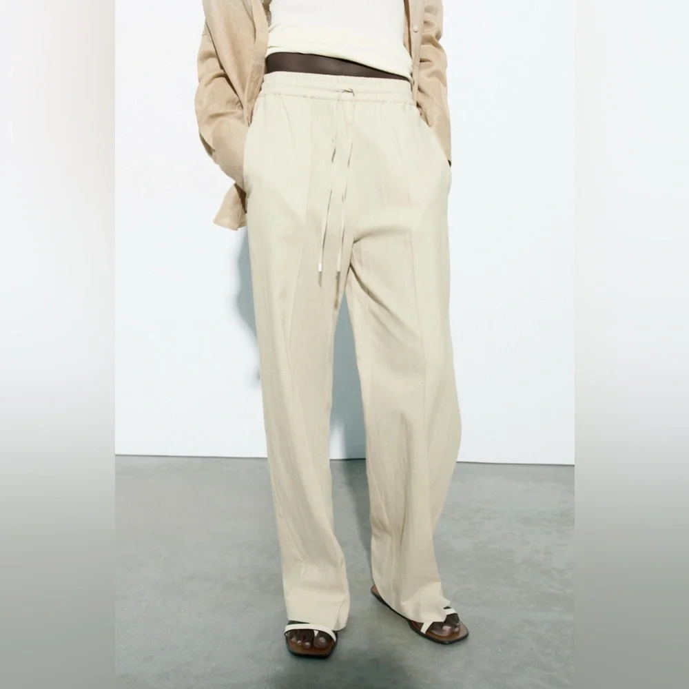 ZARA textured wide leg linen pants